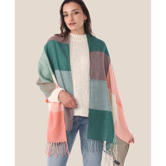 Women Pink Green Winter Warm Shawl Wraps Tartan Blanket Oversized Scarves - Picture 2 of 6